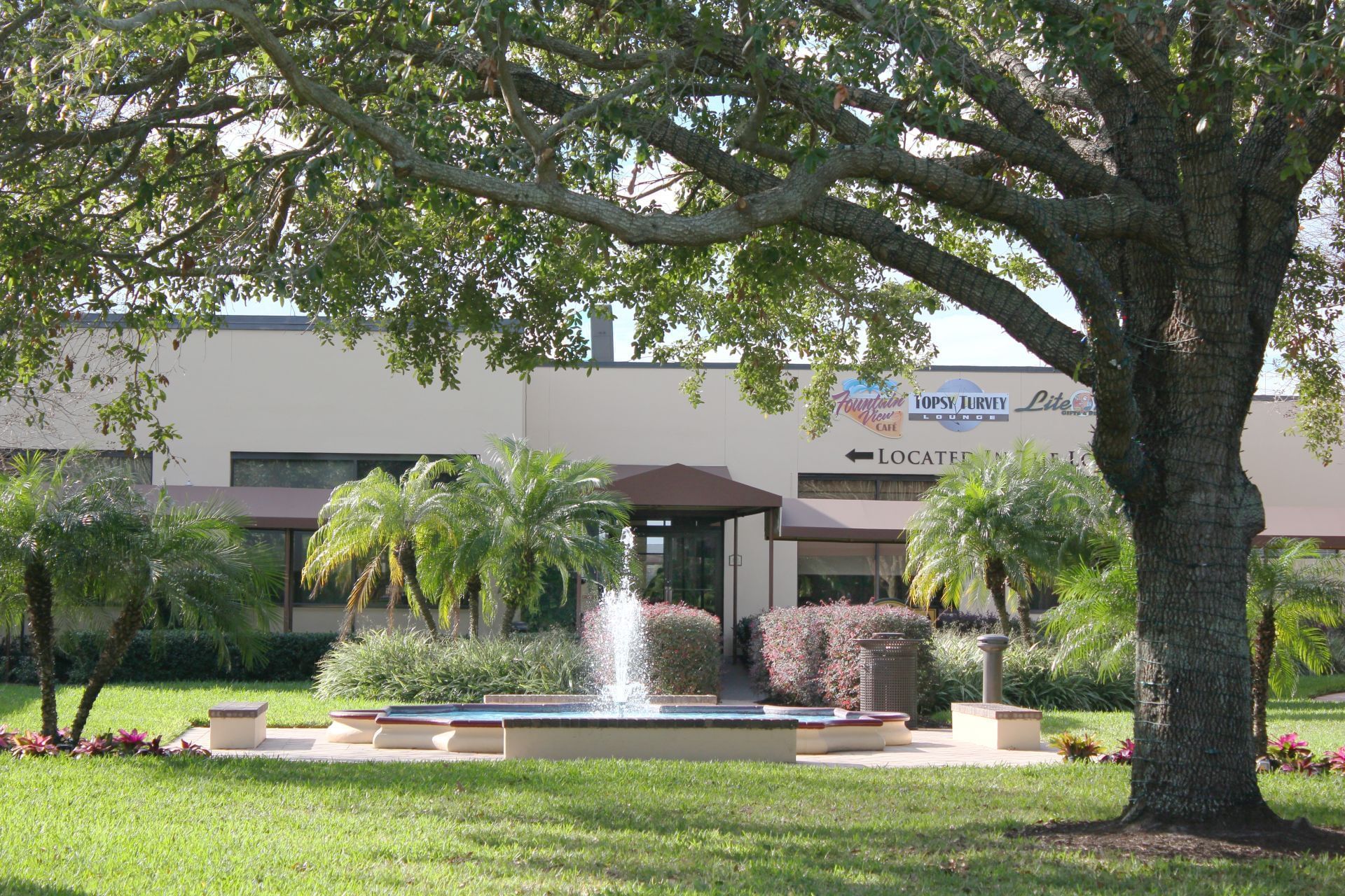 Outdoor fountain surrounded by palm trees and lawns beneath a shady oak tree in the courtyard at Rosen Inn International