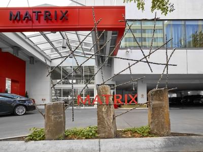 Front view of the matrix logo at Matrix Hotel