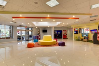 Hotel lobby with colorful seating
