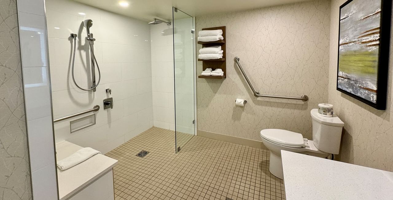 Washroom with toilet, roll-in shower, and towels