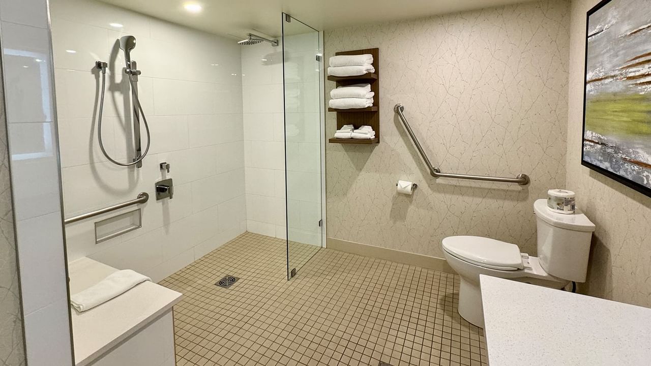 Accessible washroom with a roll-in shower, toilet and towels