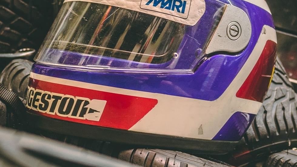 Close-up of a karting helmet on a pile of tires near Falkensteiner Hotel Belgrade