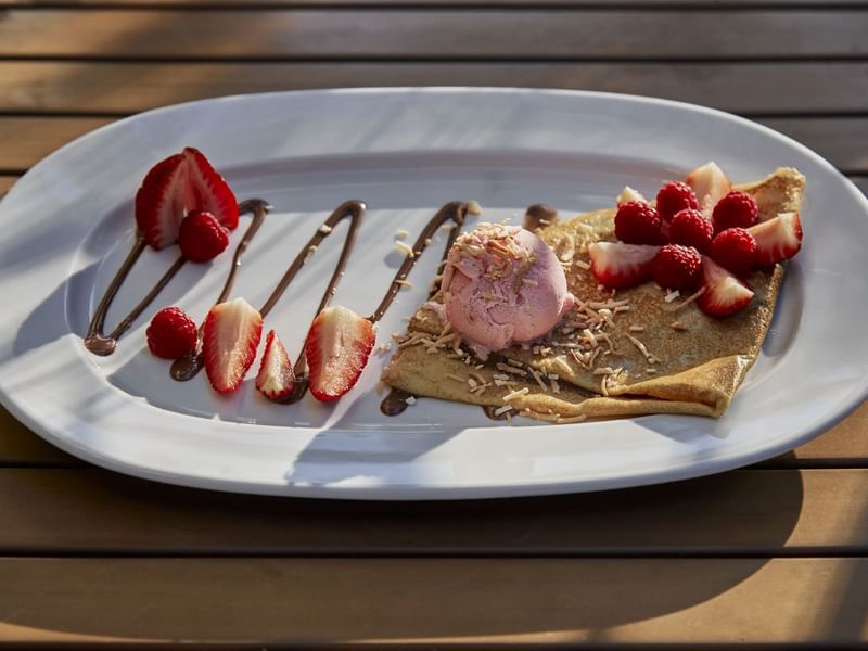 Crape, ice-cream & strawberry dessert at Fiesta Americana
