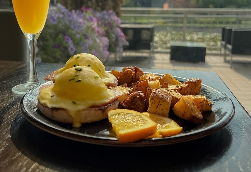 eggs benny with a drink