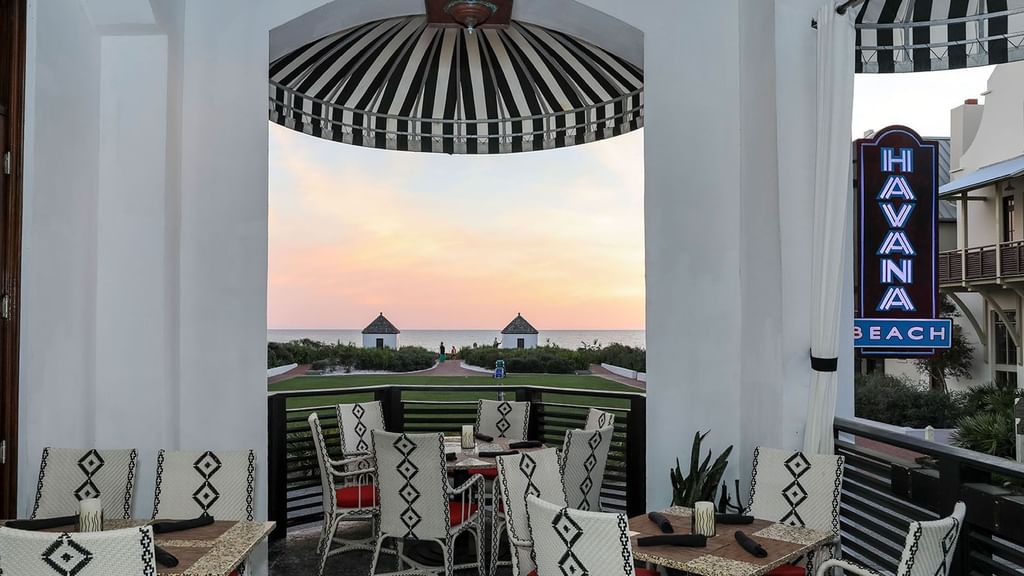 Interior and view of the Havana Beach Bar and Grill at Watersound Inn