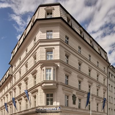 Low-angle view of the exterior of Falkensteiner Hotel Prague