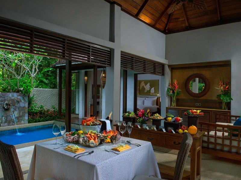 Private dining area with pool arranged at The Banjaran Hotsprings Retreat