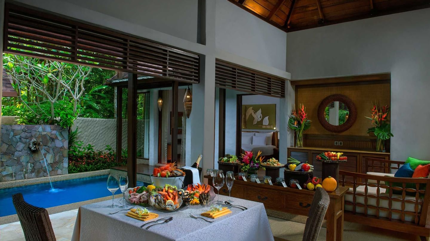 Private dining area with pool arranged at The Banjaran Hotsprings Retreat