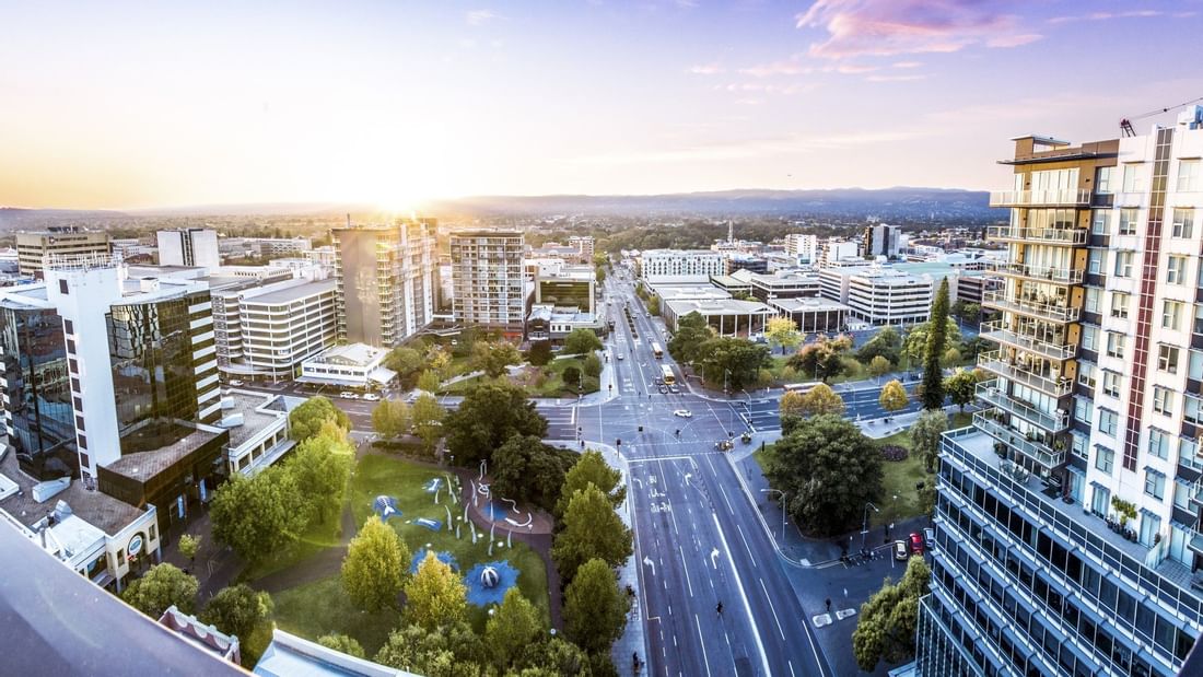 Cityscape with urban buildings and roads view from the Superior Room Two Single Beds City View at Ibis Adelaide