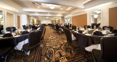 Banquet-style dining set-up in Rutherford Room at Varscona Hotel on Whyte