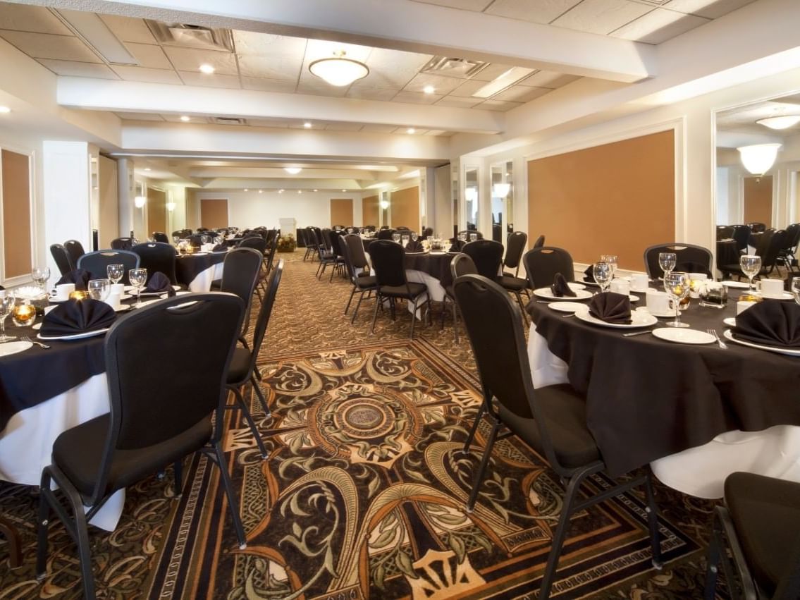 Banquet-style dining set-up in Rutherford Room at Varscona Hotel on Whyte