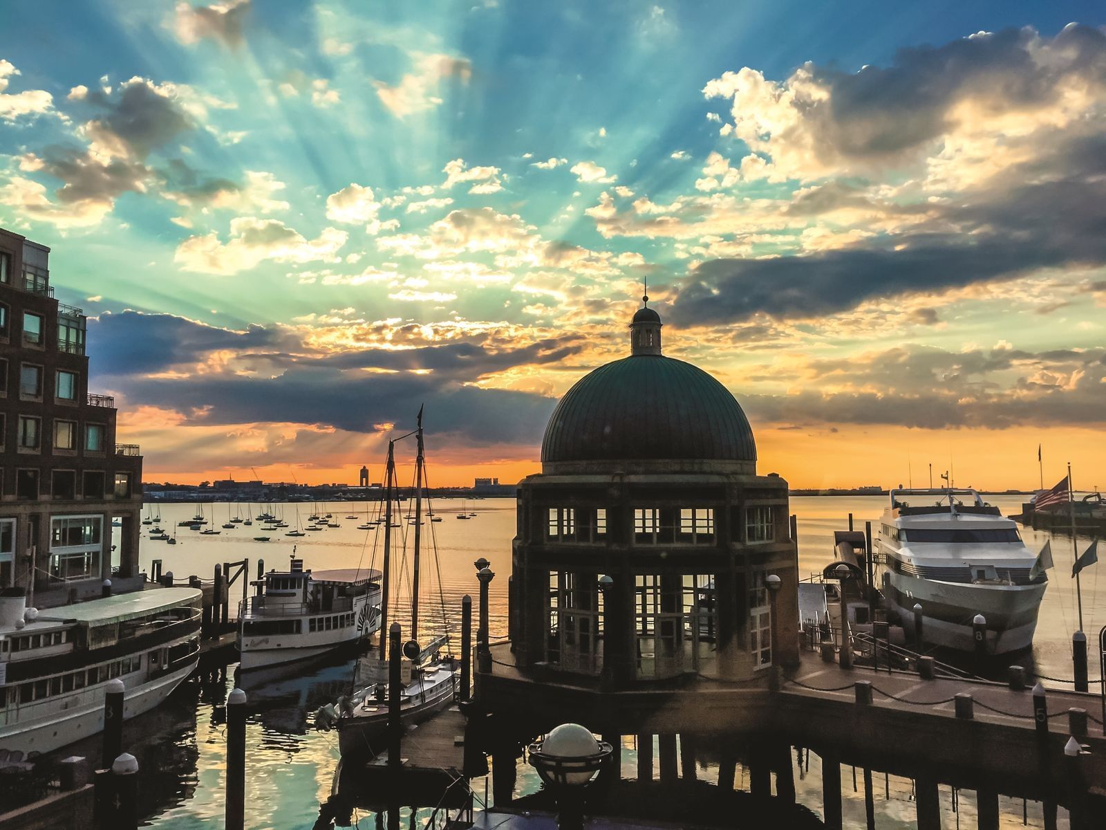 Sunset view of Boston harbor