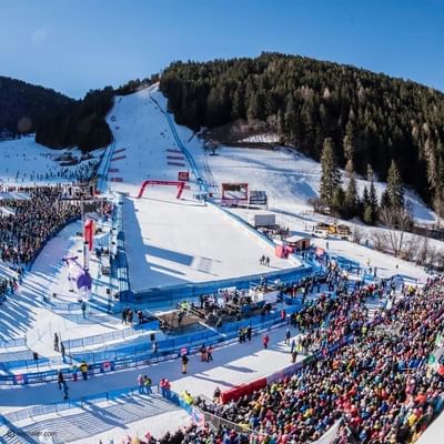 Große Menschenmenge bei einer Skiveranstaltung auf einem schneebedeckten Berghang mit Bäumen.