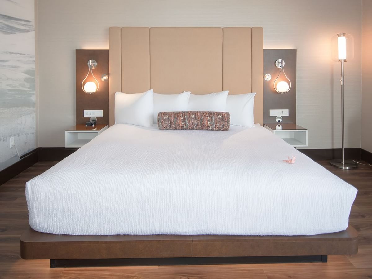 Hotel guestroom with a king size bed