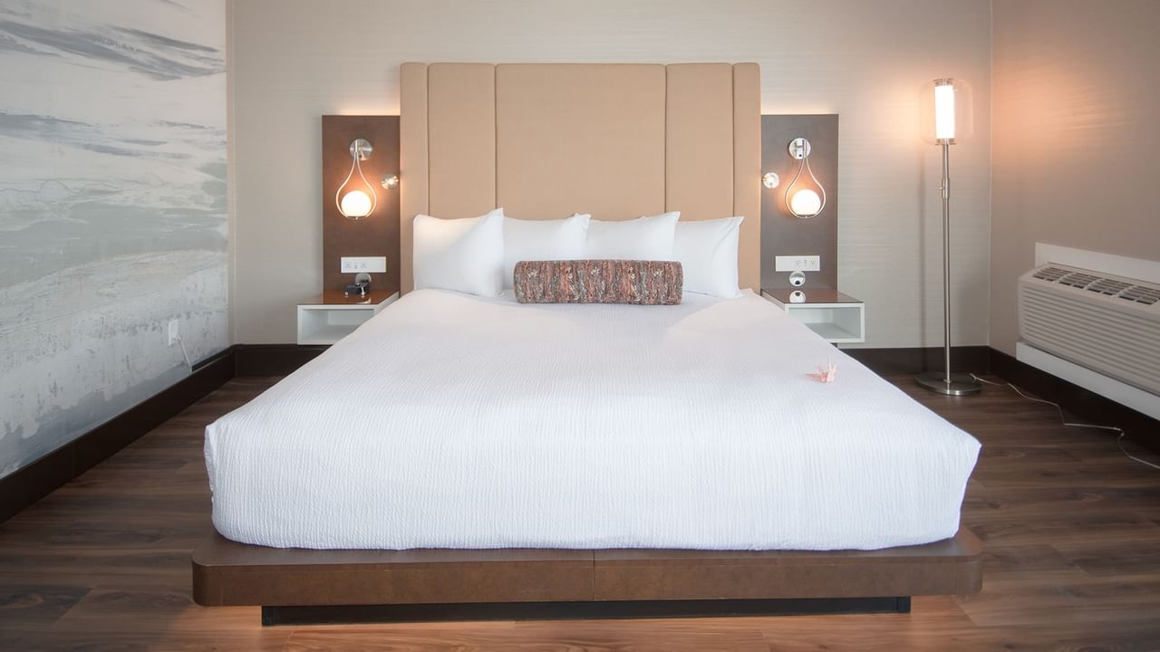 Hotel guestroom with a king size bed