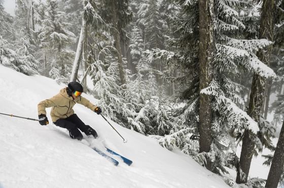 Skier gliding down a snowy hill near Quartier Des Marinas