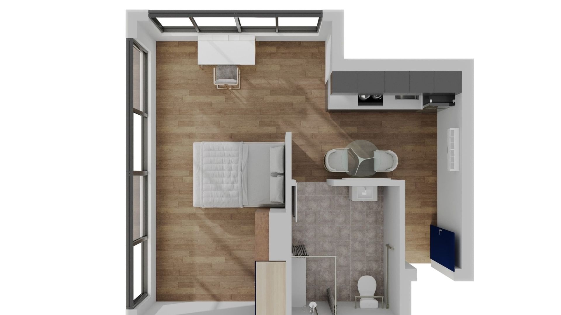 Floor plan of UniLodge Melbourne Flagstaff Studio Accessible Apartment showing living area, bedroom, and bathroom.