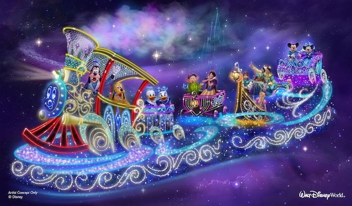 A twinkling train engine sparkling with twinkle lights and carrying a variety of Disney characters, gliding through a night sky