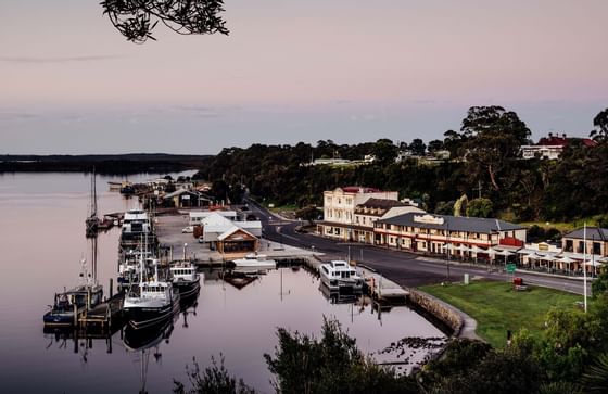 View of Hilltop Harbor from Strahan near Gordon River Cruise