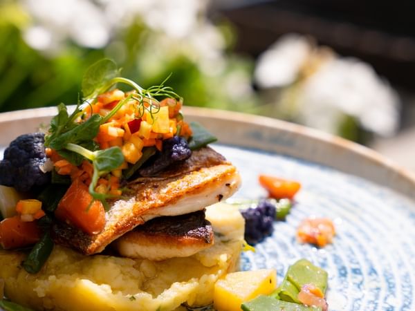 Sea bream fillet, herb potatoes and peach-infused vierge sauce