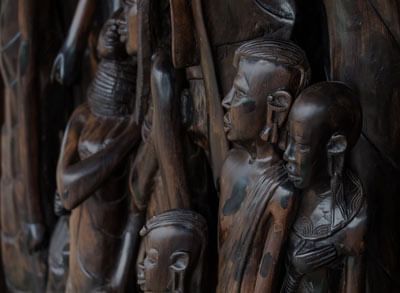 Detailed wooden African sculptures at Azalai Hotel Ouagadougou