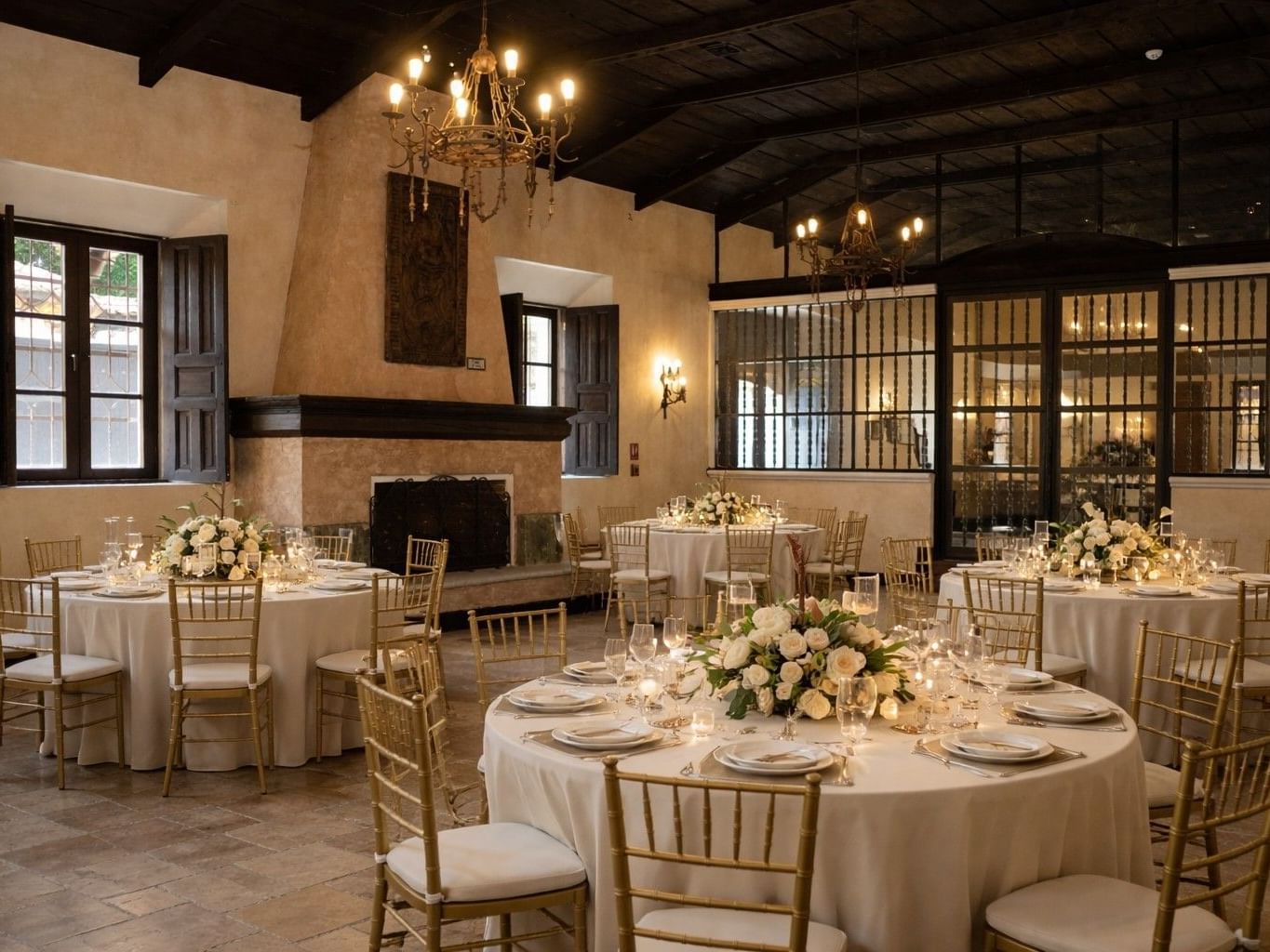 Elegantly decorated Meson del Obispo event room at Porta Hotel Antigua in Antigua.