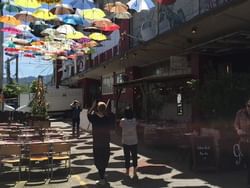 Shops & umbrella street art in Zurich West near Hotel Sternen