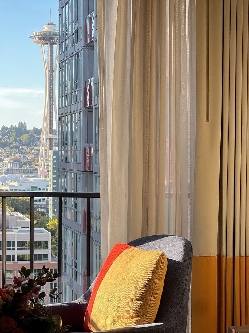 View from the Magnolia Suite balcony with Space Needle in the background at Warwick Seattle