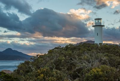 Distant view of Cape Tourville Lighthouse near Freycinet Lodge