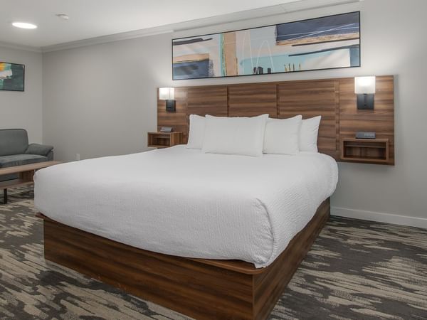 A comfortable hotel room with a bed, couch, and modern decor.