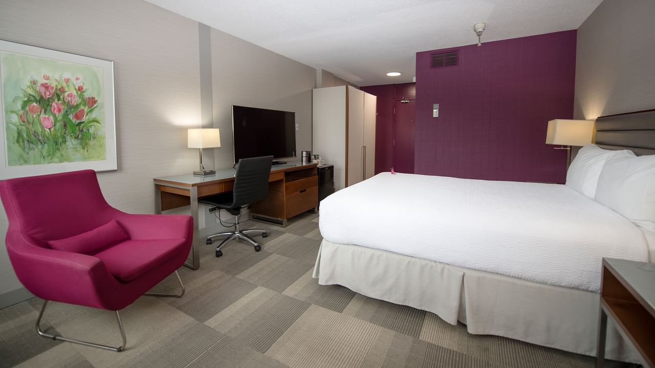 Hotel room with queen bed, purple chair and TV.