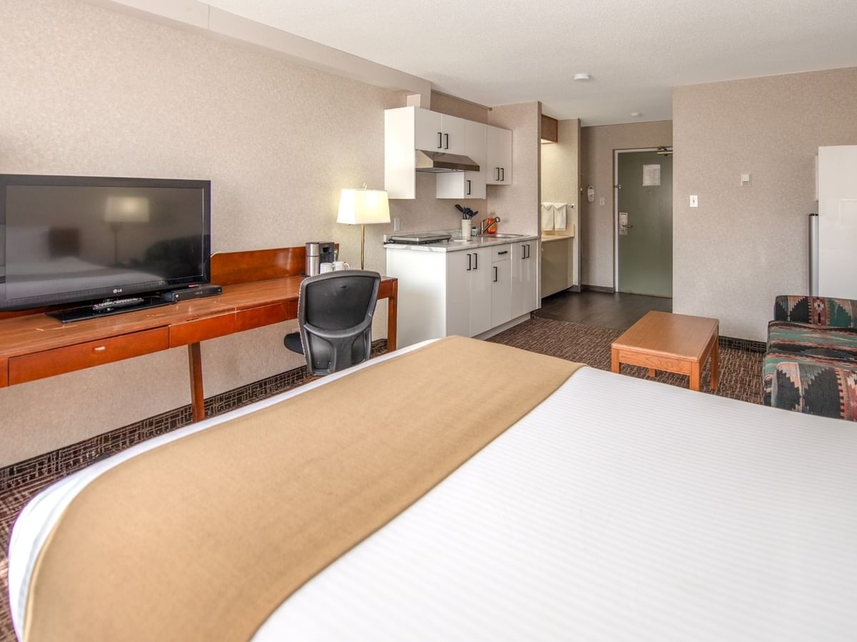 Hotel room with bed, desk, TV, chair, couch, kitchenette, and refrigerator.