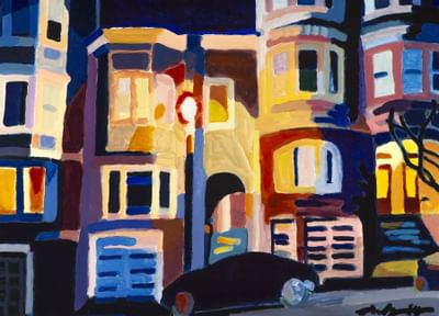 A vibrant and colorful painting of a streetscape with buildings and a car hanging in The Paramount Hotel Seattle