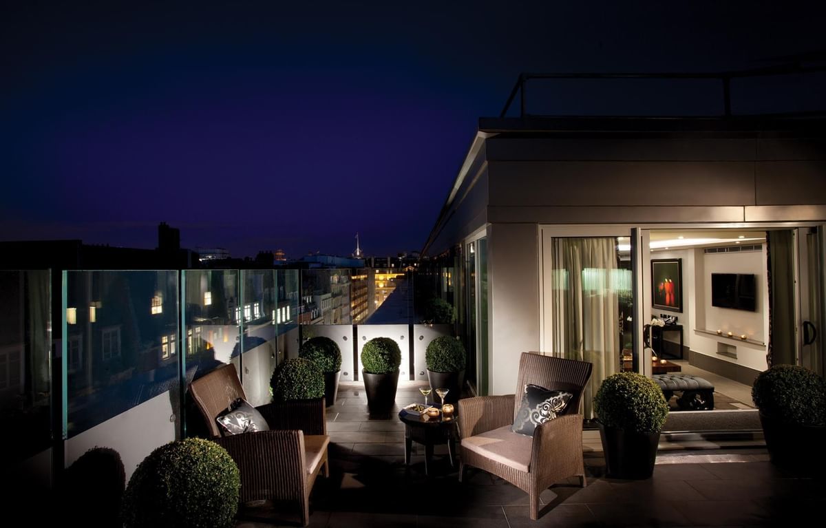 Balcony night view in ebony suites
at The May Fair Hotel London