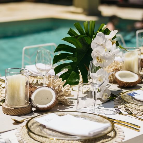 Tropical Poolside Wedding Set up, Pullman Palm Cove Resort