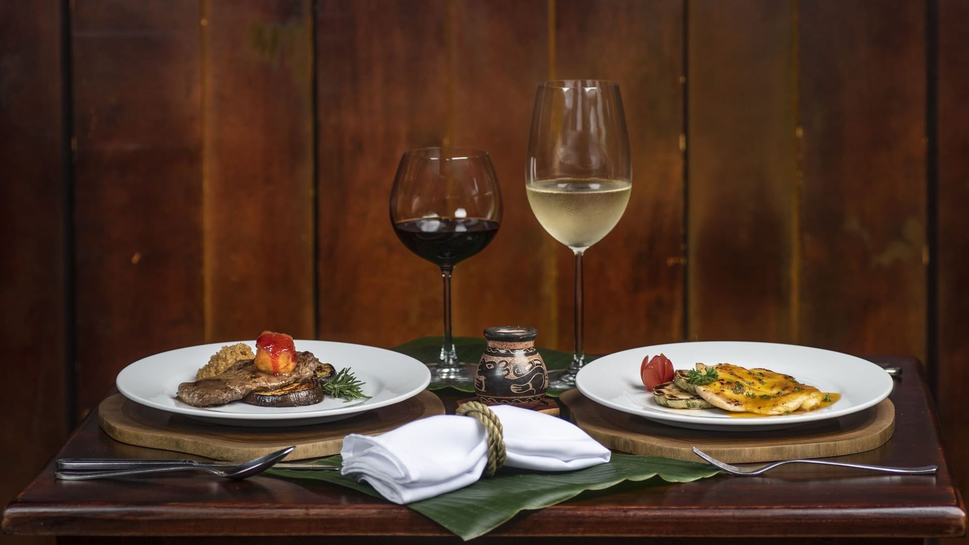 Close-up of dishes served with wine at Buena Vista Del Rincon