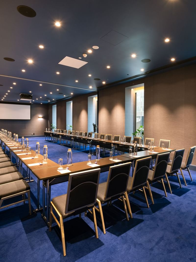 Edwin Flack room boardroom with U-shaped table configuration, blue carpet and projection screen