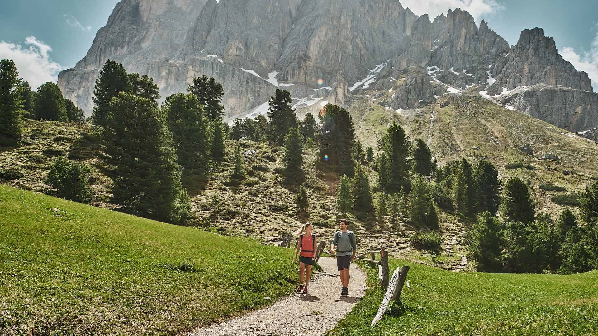 Two hikers walking on a dirt path in a mountain valley surrounded by lush greenery and towering peaks.