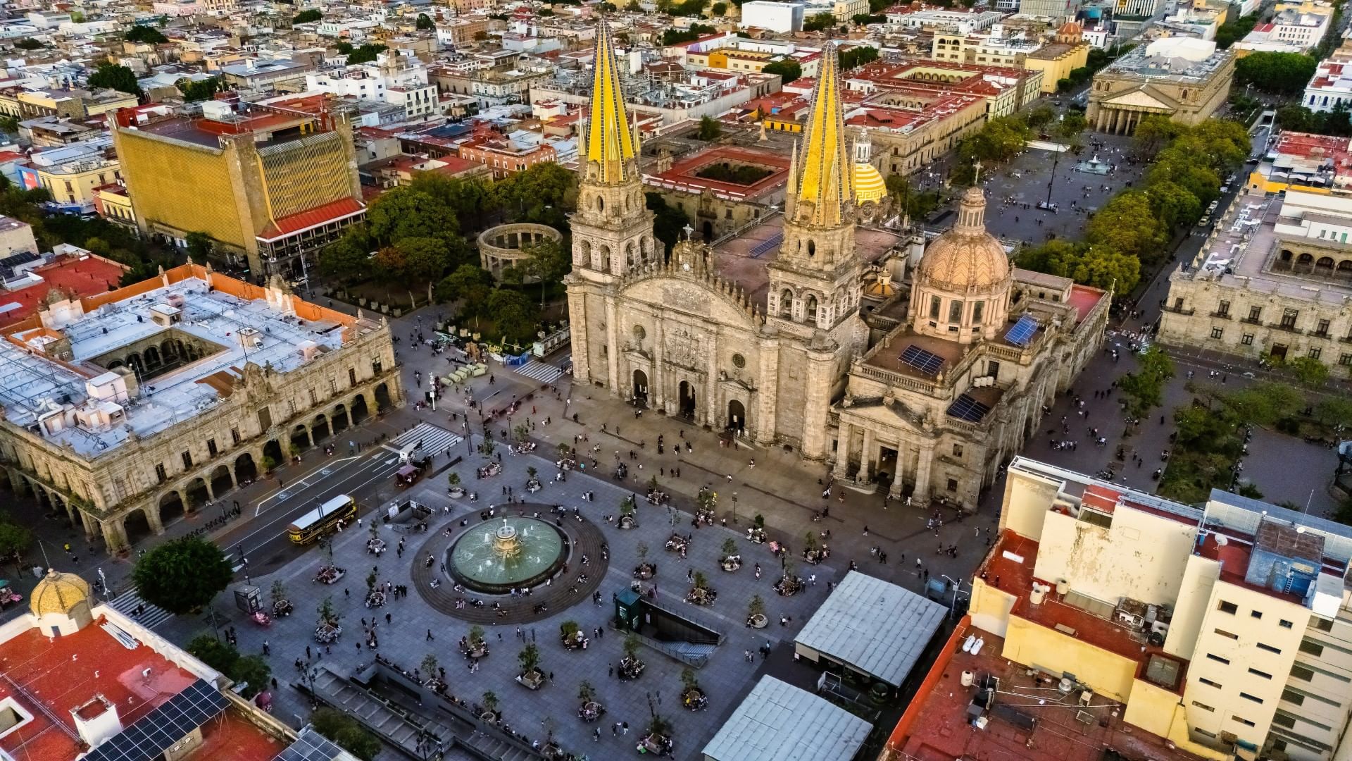 Aerial view of the Historic Center of Guadalajara and main plaza near Quinta Real Guadalajara