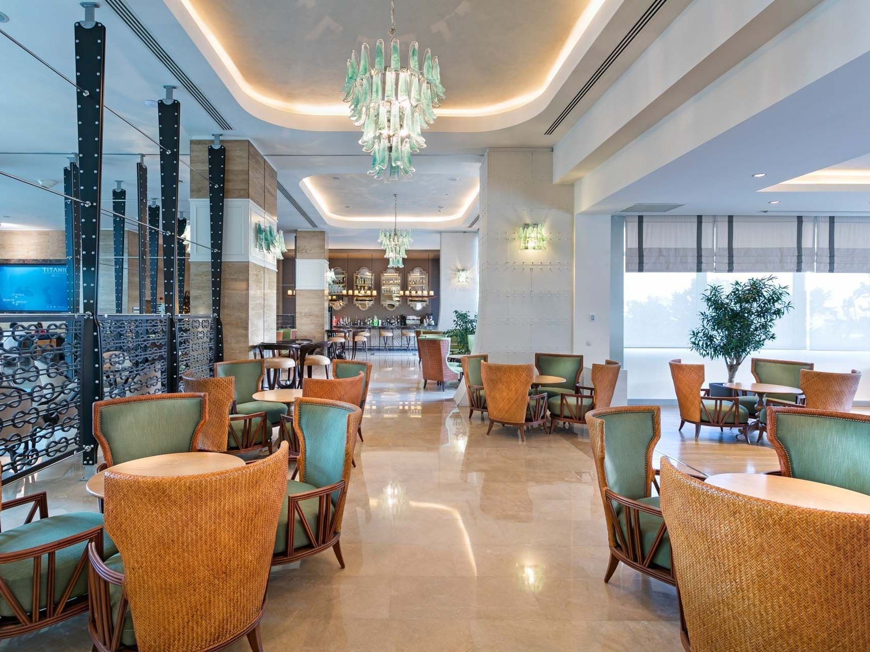 Interior of spacious dining area in Cordelia Lobby Bar at Titanic Deluxe Lara