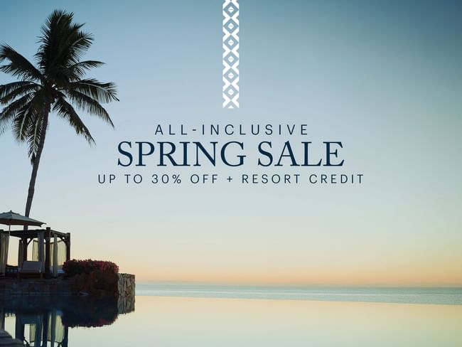 Tropical beach resort with palm trees and a pool, advertising spring sale up to 30% off plus resort credit.