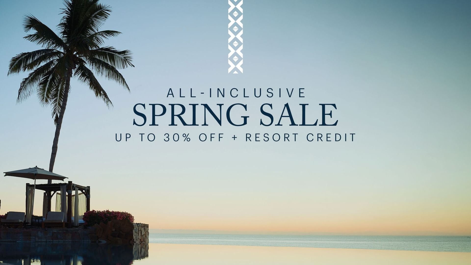 Tropical beach resort with palm trees and a pool, advertising spring sale up to 30% off plus resort credit.