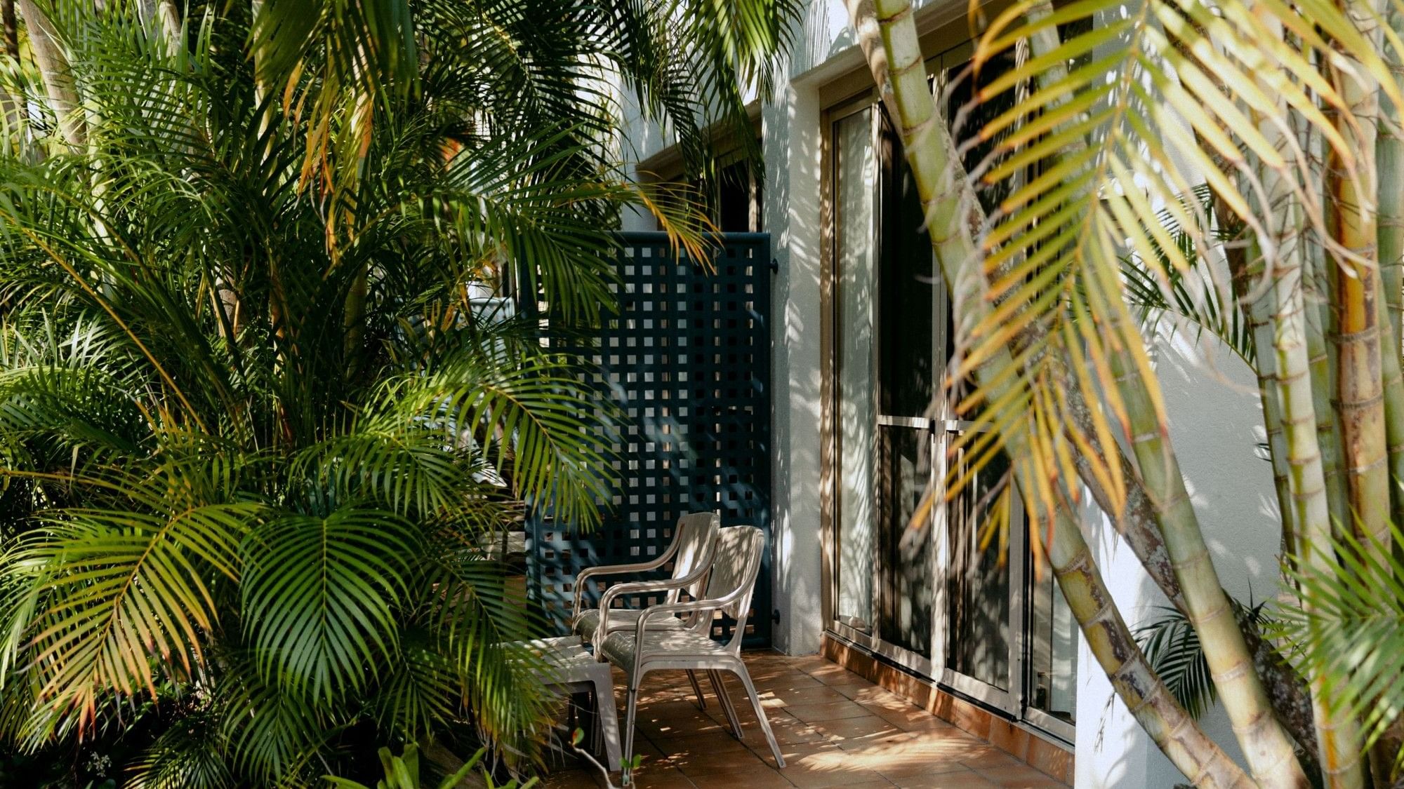 Two white chairs and a table beside a black lattice door on a tiled patio with tropical plants.