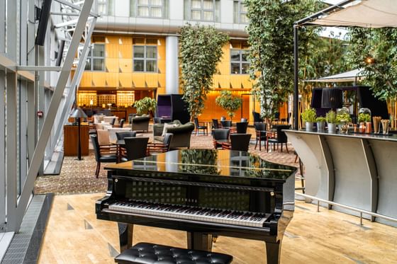 Detail of a Piano at the Cosmos Bar at the Atrium Hotel Paris CDG Airport