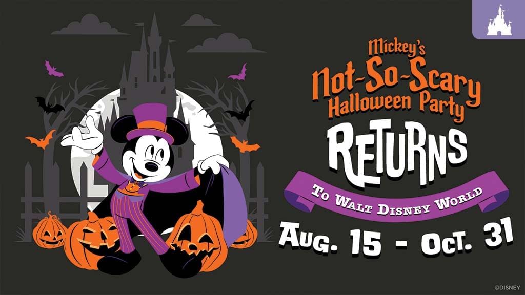 Th graphic for Mickey's Not-So-Scary Halloween Party, featuring Mickey in a purple suit surrounded by Jack-o-lanterns. 