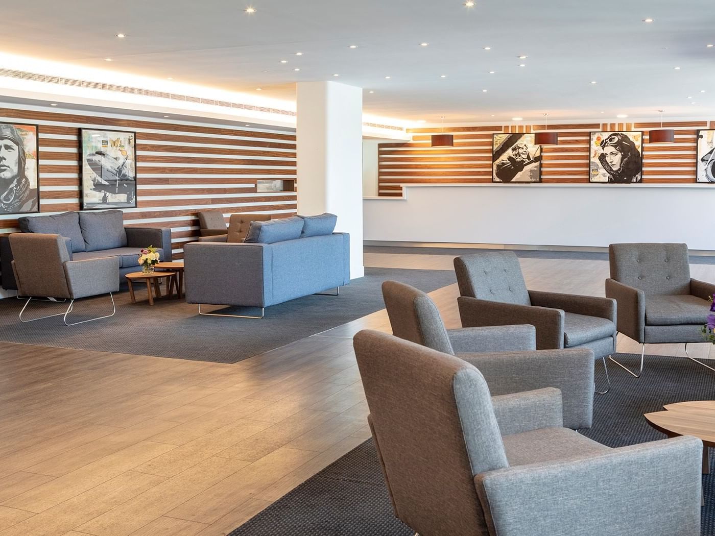 Lobby area, including the check-in desk at St Giles Heathrow hotel