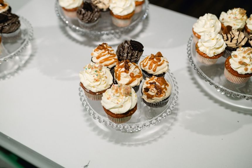 Assorted frosted cupcakes on glass stands on a white table at Morgan's Rock Reserve & Ecolodge
