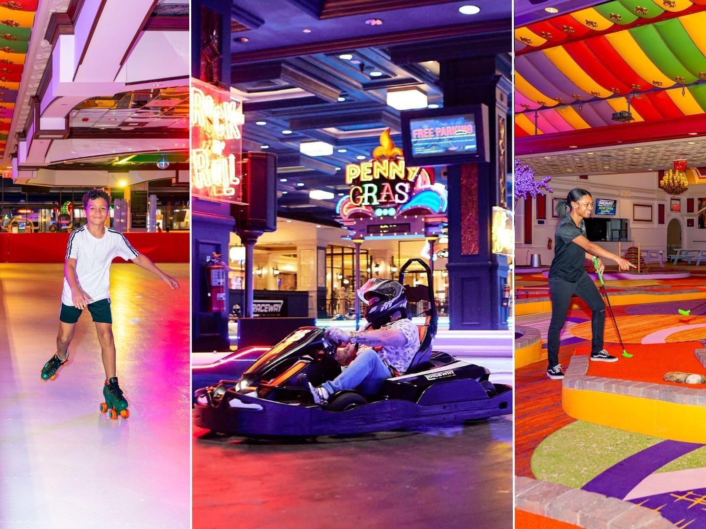 A collage of roller skating, go-kart racing and playing mini-golf at Showboat Hotel & Resort