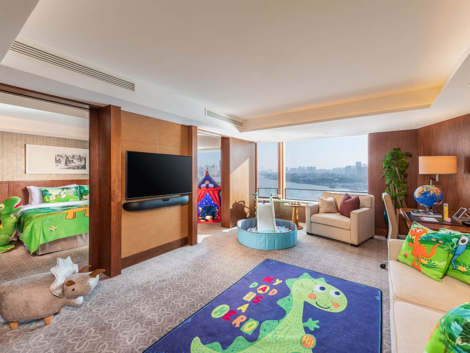 Kids-themed living room in the Family Suite at White Swan Hotel