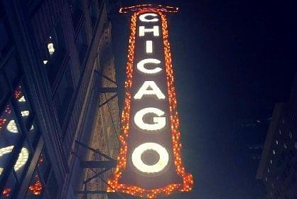 Low angle view of Chicago Theatre Signage near Kinzie Hotel